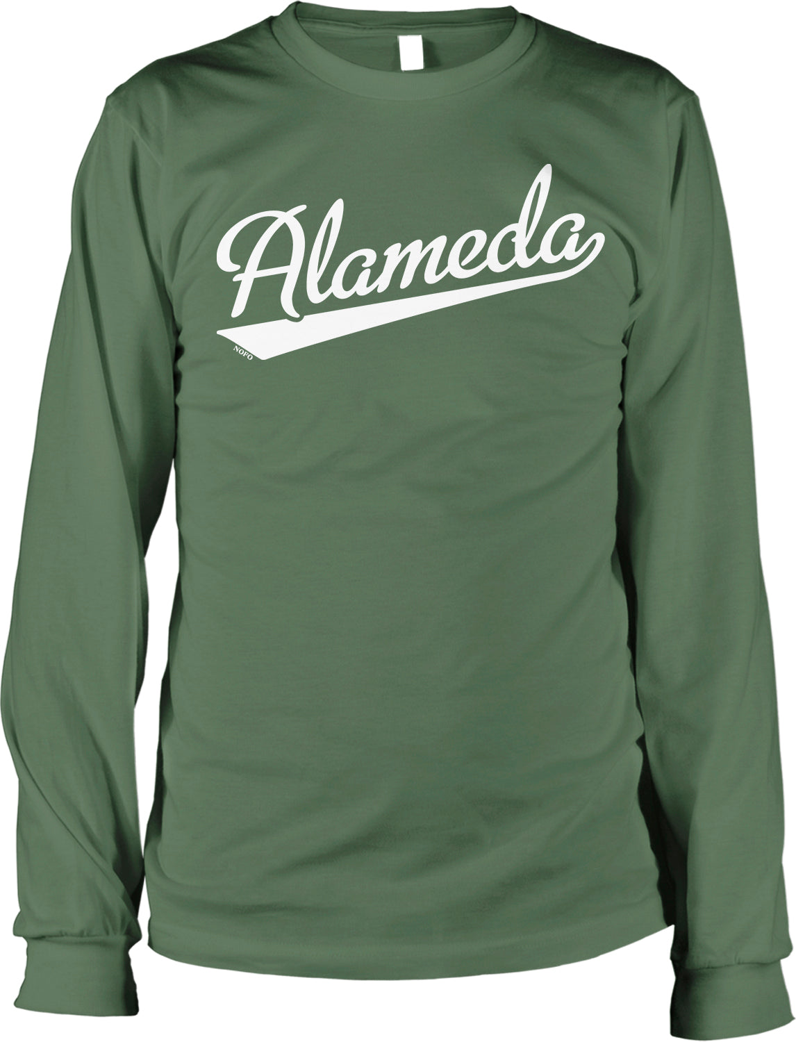 A long-sleeved green t-shirt with the word "Alameda" printed in white text across the front.