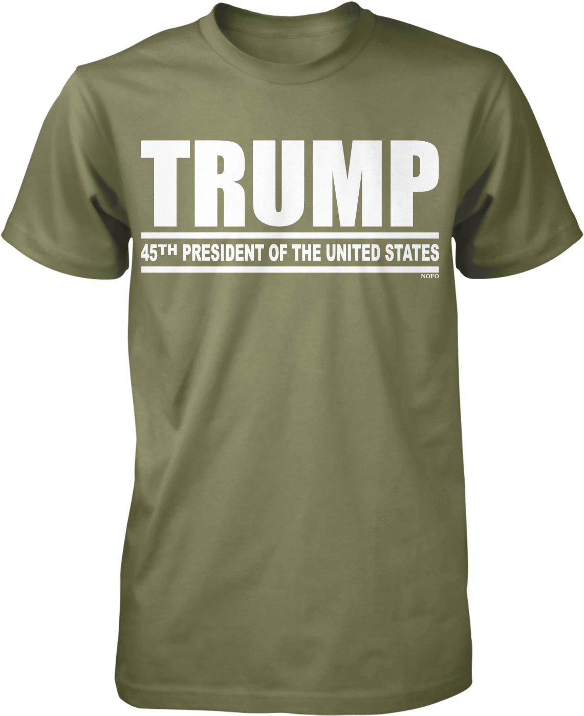 A green t-shirt with the text "TRUMP 45TH PROSPER OF THE UNITED STATES" printed on it.