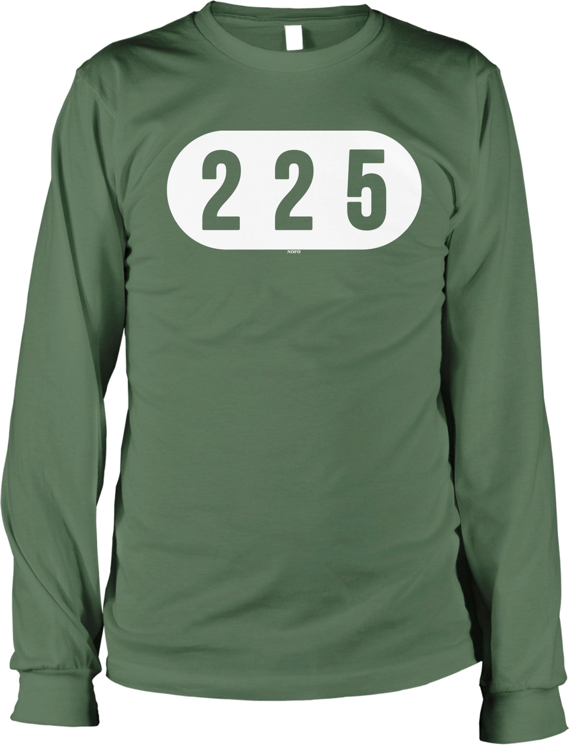 A green long-sleeved t-shirt with the number 225 printed on it.