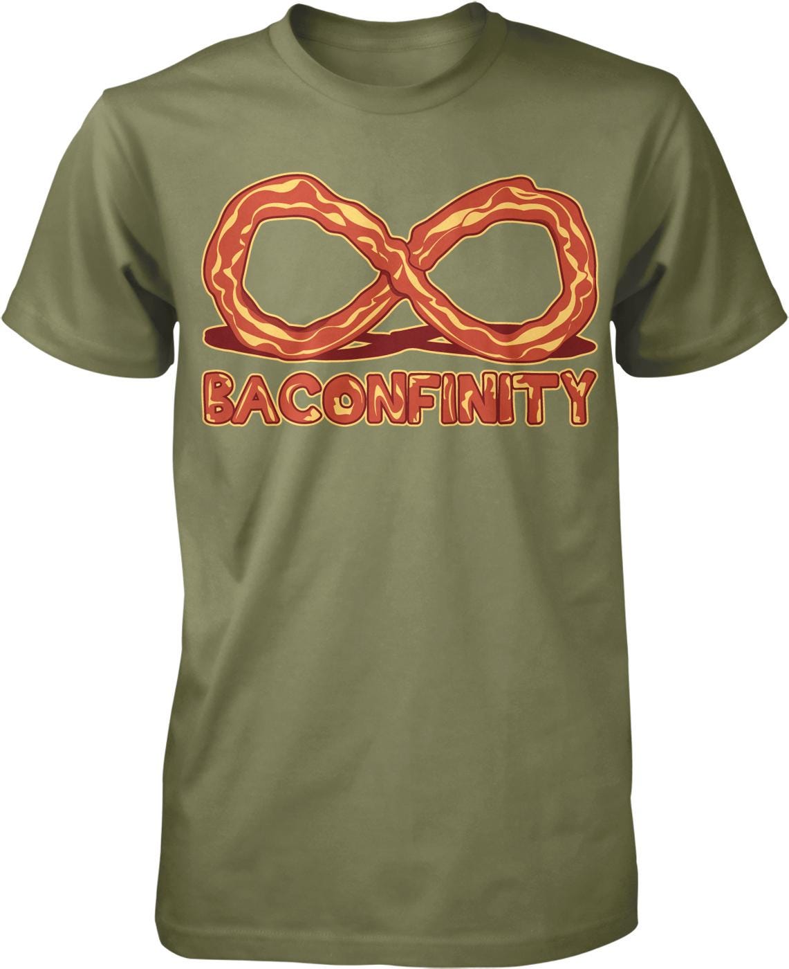 A green t-shirt with a graphic design featuring a large bacon-flavored pretzel and the text "BACONFINITY" below it.