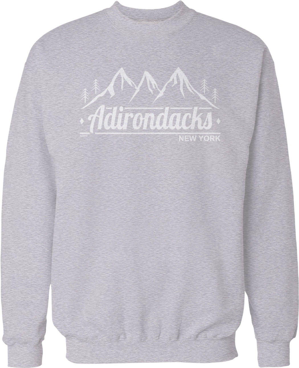 A gray sweatshirt with a graphic design featuring mountains and the text "Adirondacks New York" printed on it.