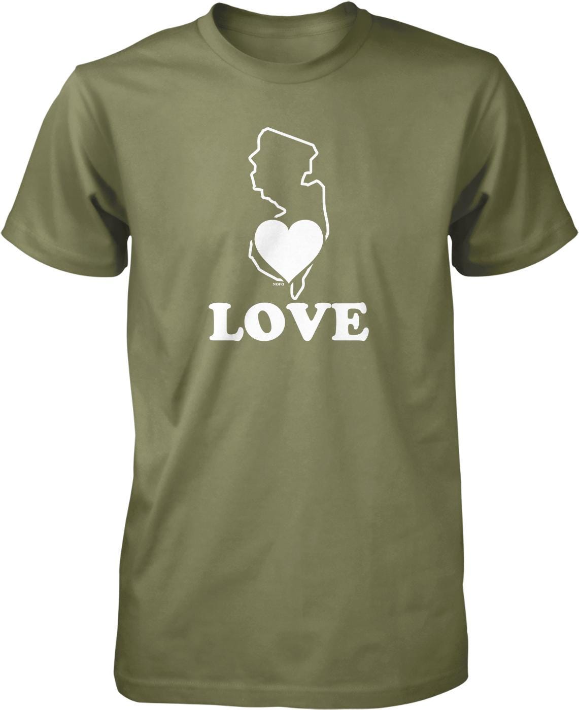 A green t-shirt with a white graphic design that includes a heart shape and the word "LOVE" written below it.