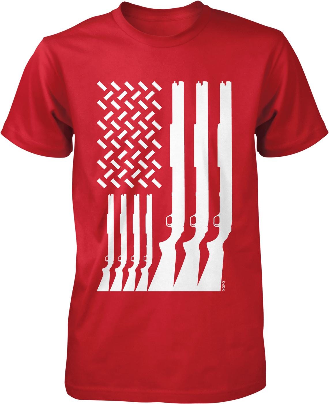 A red t-shirt with a graphic design depicting a white American flag with a series of white rifles arranged in a diagonal pattern below it.