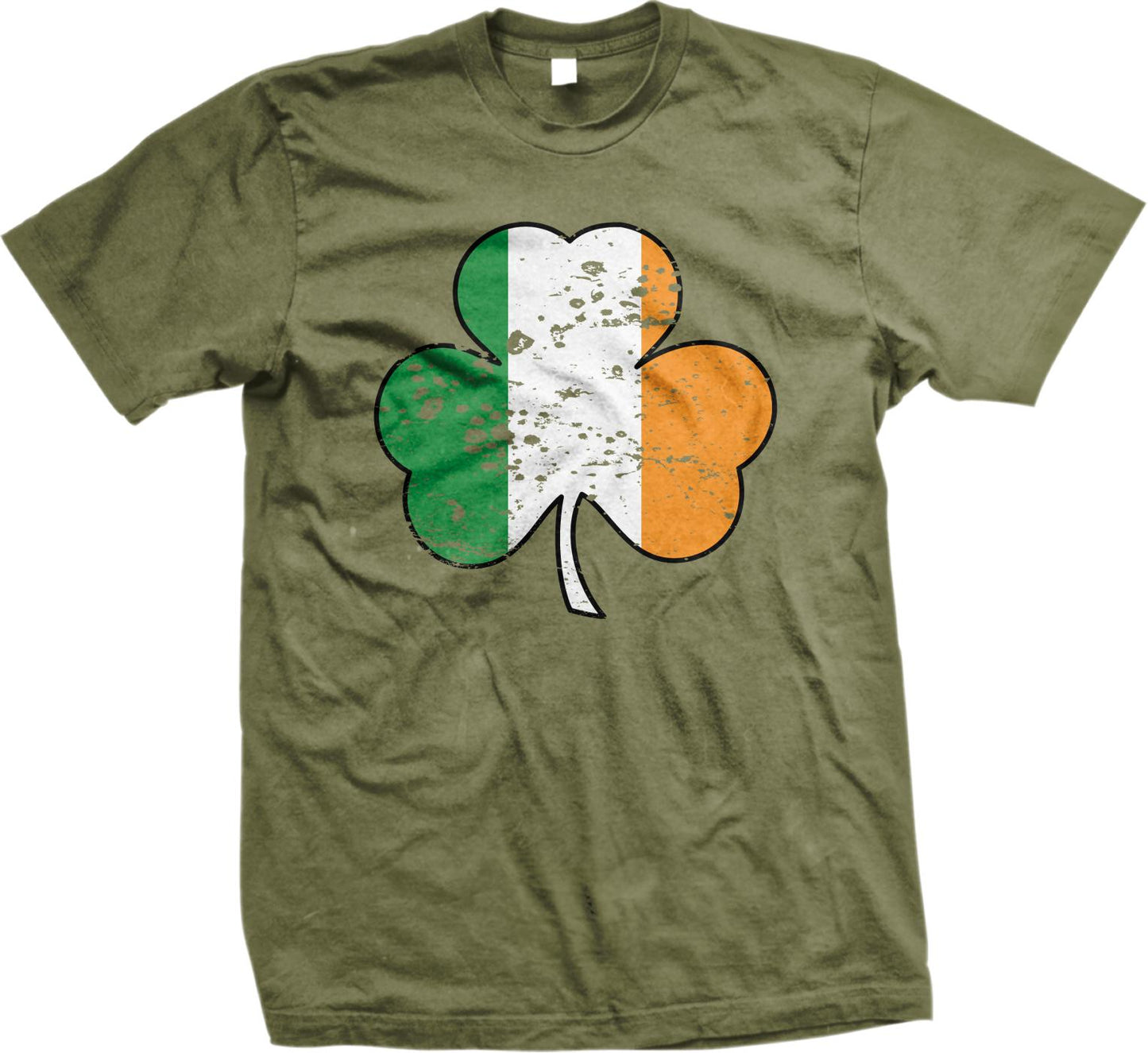 A green t-shirt with a graphic of a shamrock, which is a symbol associated with Ireland.