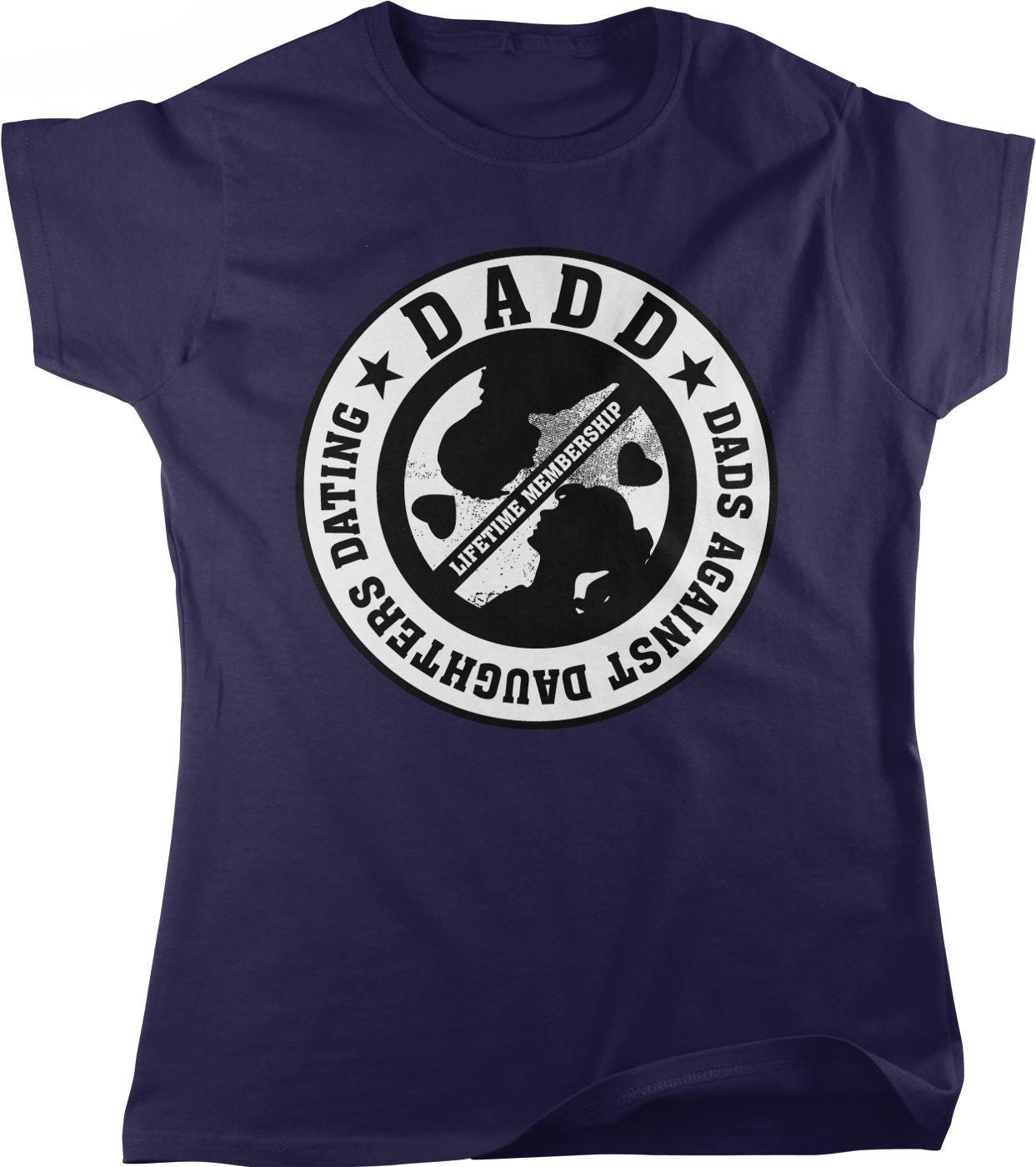 A dark blue t-shirt with a circular design featuring the text "DADDY" surrounded by stars and a silhouette of a person.