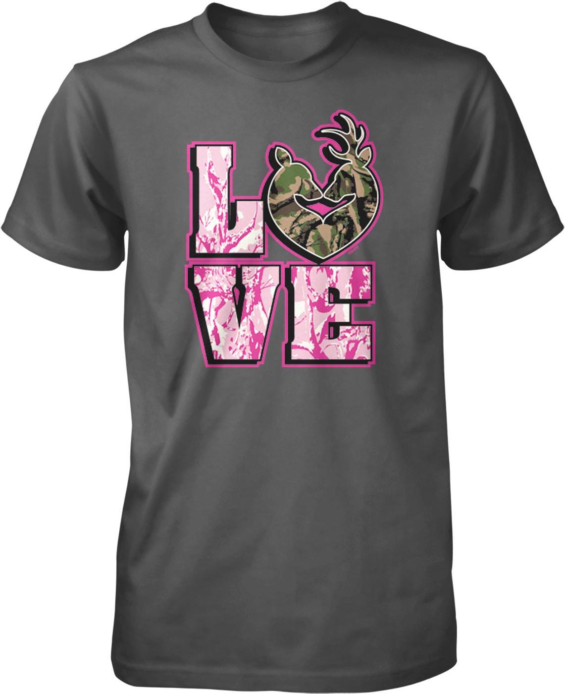 A gray t-shirt with a graphic design featuring the word "LOVE" in pink and black letters, with a heart shape and a deer silhouette above it.