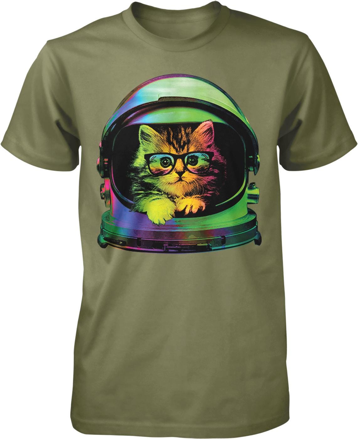 A t-shirt with a graphic design depicting a cat wearing a colorful, futuristic-looking helmet and glasses, giving the impression of the cat being in a space suit.