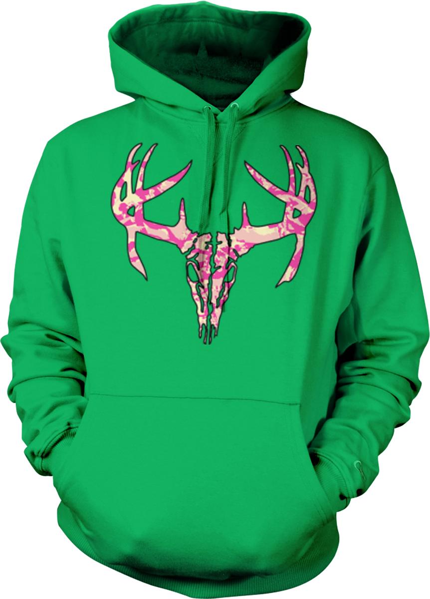 A bright green hoodie with a pink deer skull design on the front.