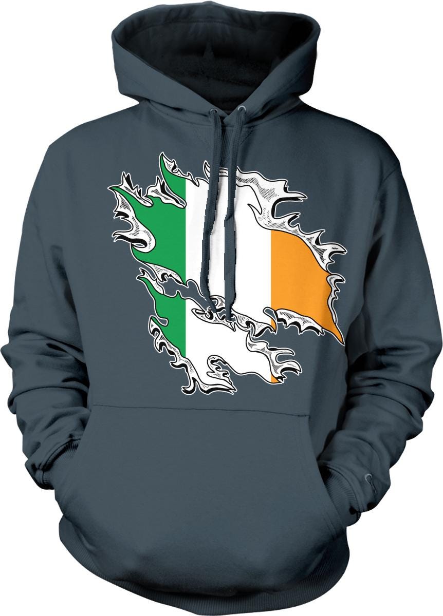 A gray hoodie with a graphic design featuring the colors and symbols of the Irish flag.