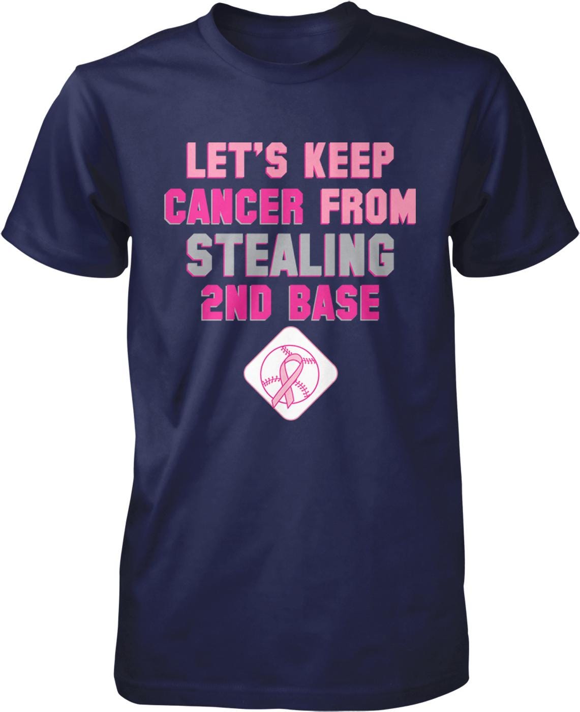The image is a navy blue t-shirt with text and a baseball graphic.