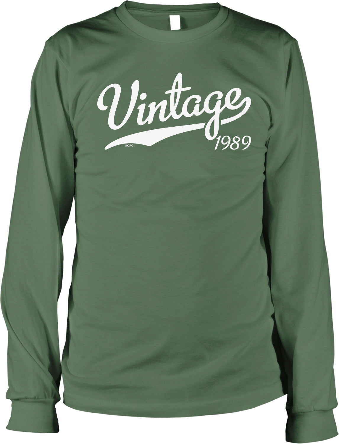 A green long-sleeved t-shirt with the text "Vintage 1989" printed on it.