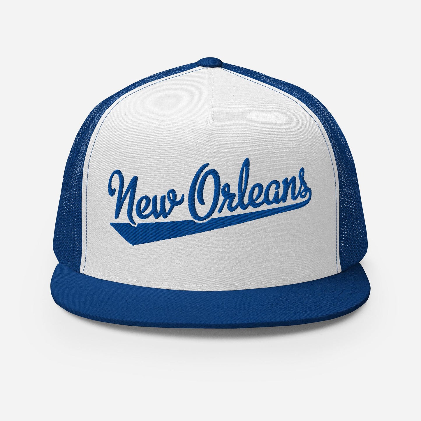 A white and blue baseball cap with the text "New Orleans" printed on it.