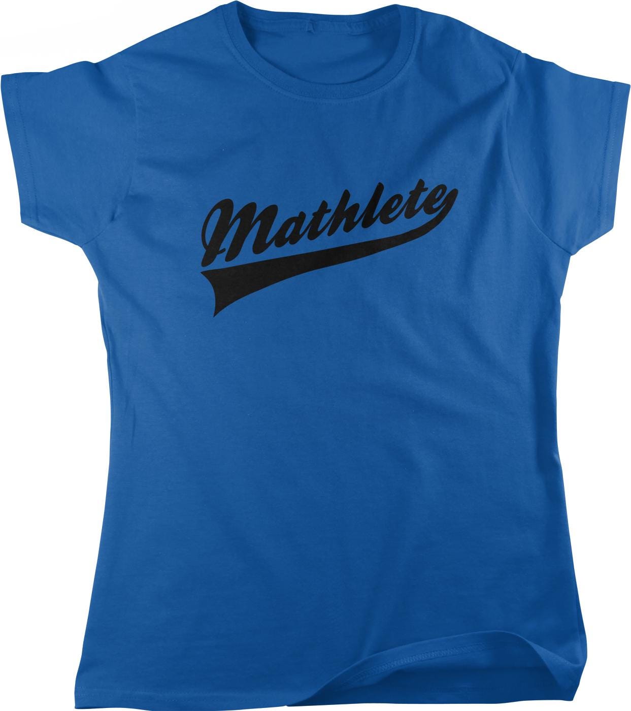 A blue t-shirt with the word "Mathematics" printed on it in a stylized font.