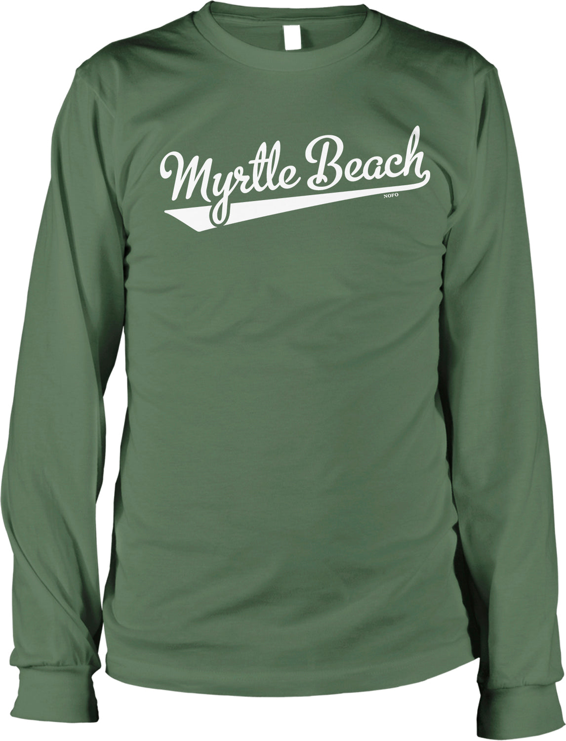 A long-sleeved green t-shirt with the text "Myrtle Beach" printed on it in white lettering.