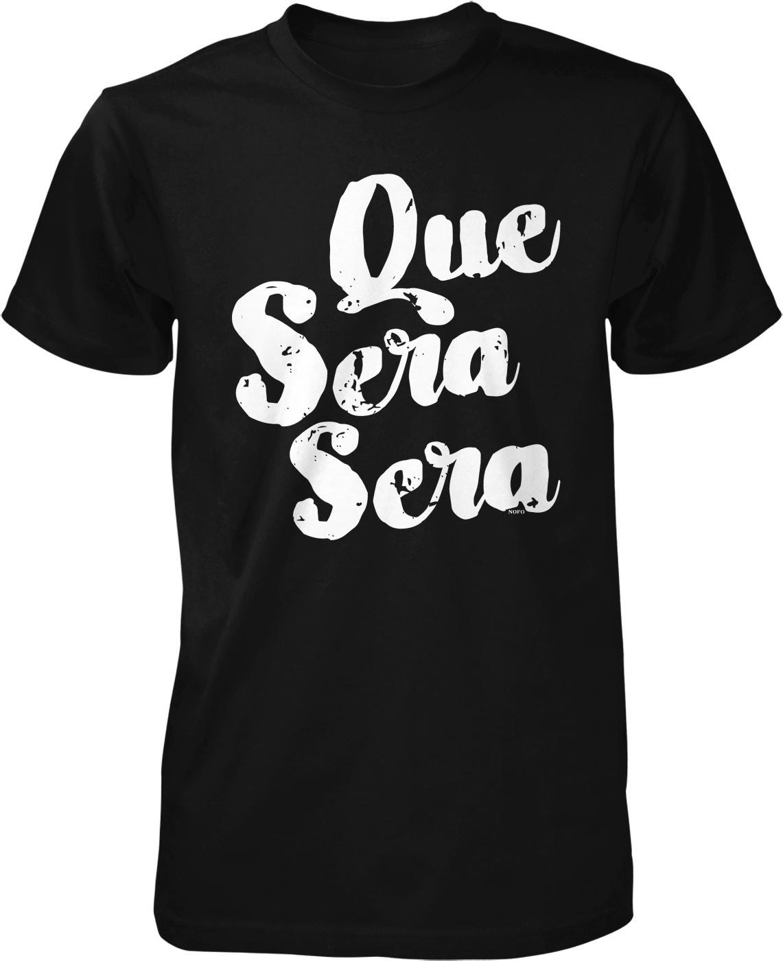 A black t-shirt with white text printed on it.