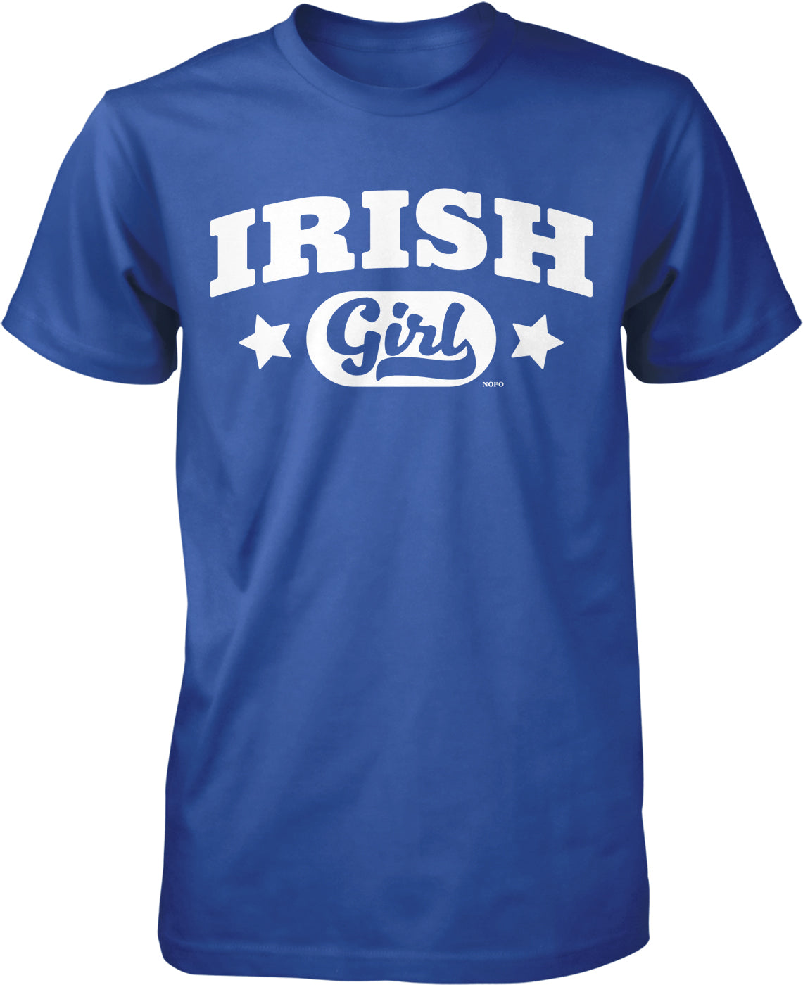 A blue t-shirt with the text "IRISH Girl" printed on it in white letters.