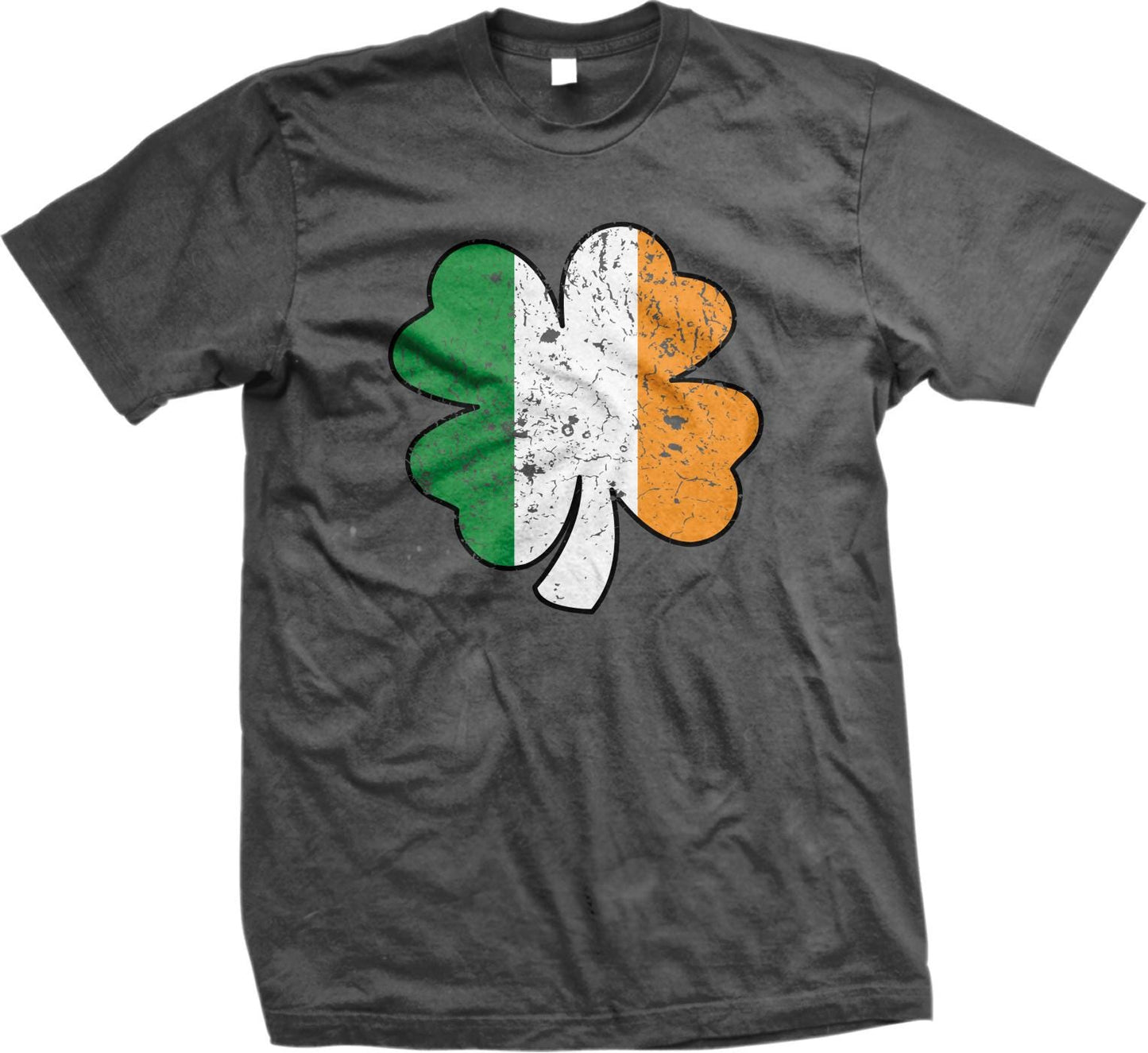 A grey t-shirt with a graphic design of a four-leaf clover, which is a symbol associated with Ireland.