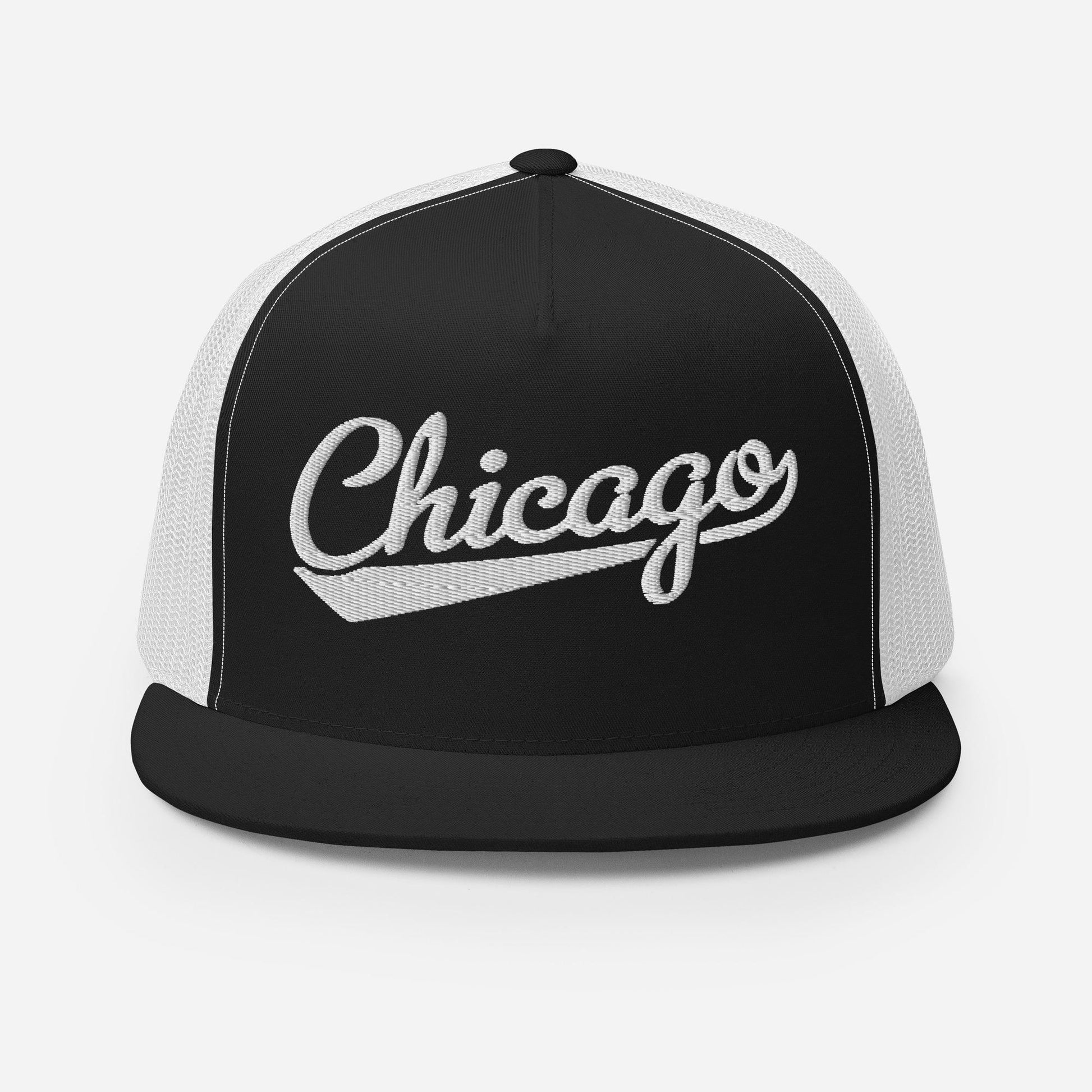 A black and white baseball cap with the word "Chicago" embroidered on it.