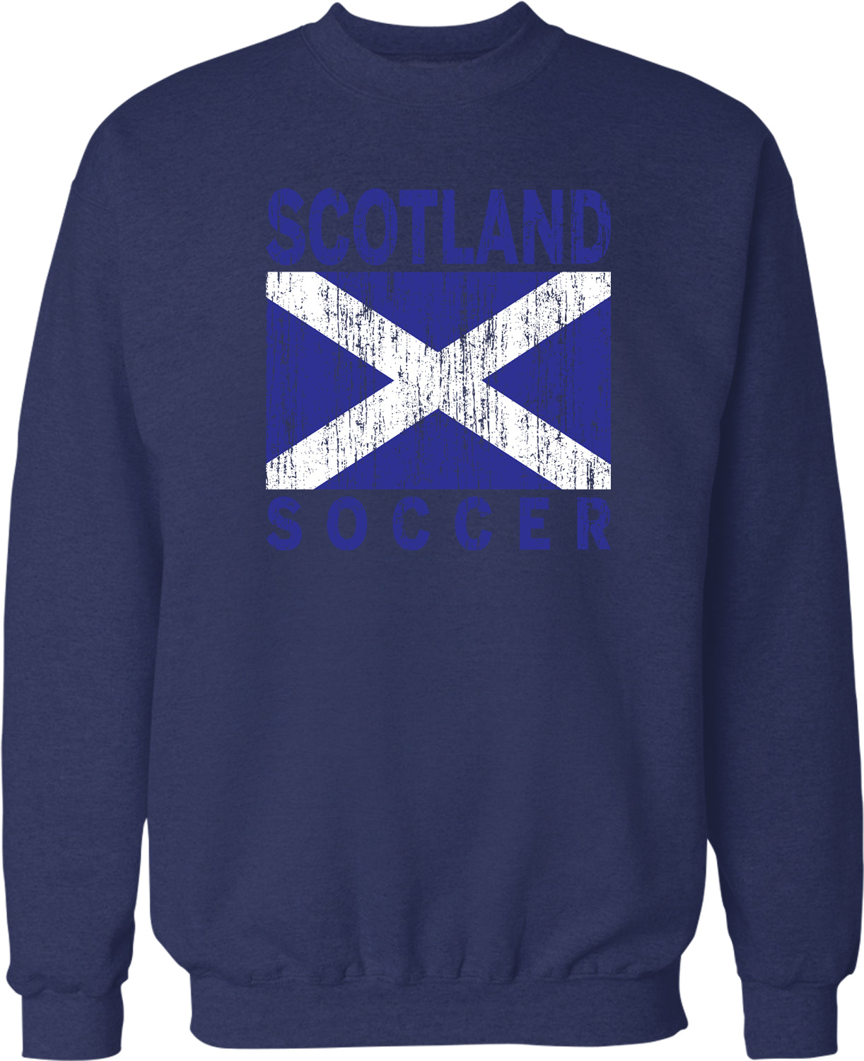 A navy blue sweatshirt with a graphic design featuring the Scottish flag and the text "SCOTLAND SOCCER" printed on it.
