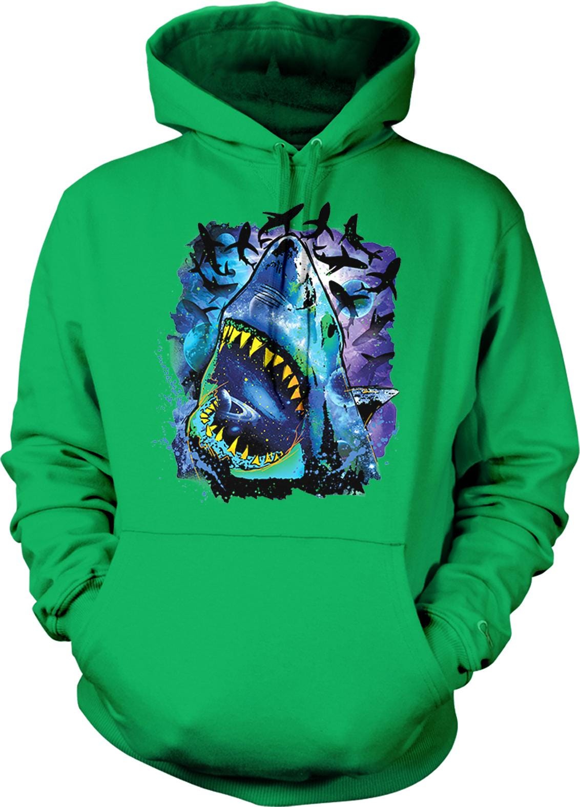 A green hoodie with a graphic of a shark's open mouth and a colorful underwater scene.