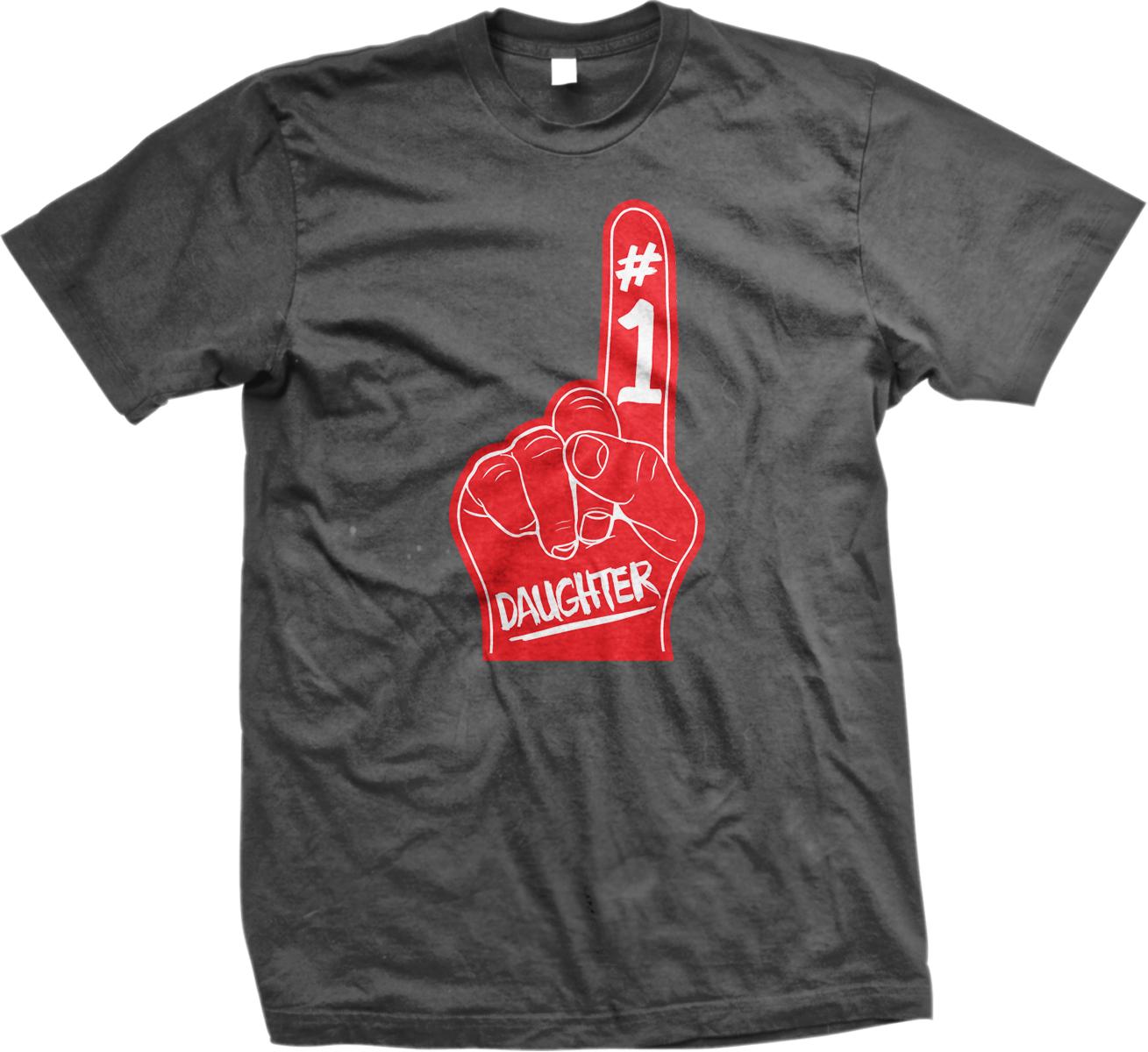 A gray t-shirt with a red graphic design depicting a hand with the number 1 and the word "Daughter" written below it.