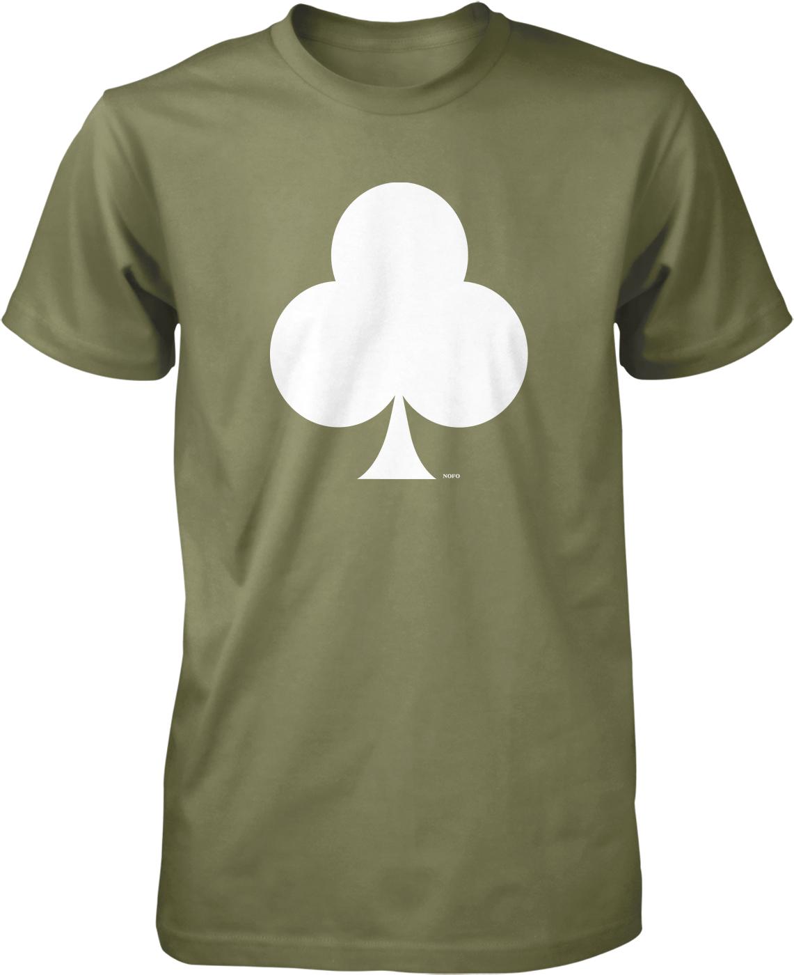 A green t-shirt with a white graphic of a three-leaf clover on it.