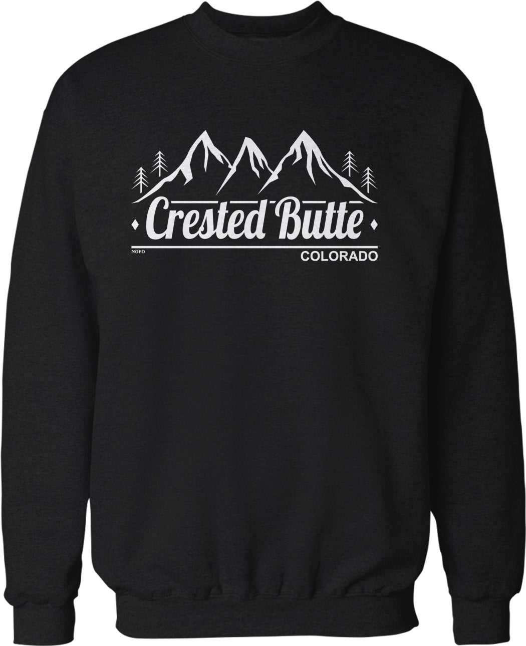 A black sweatshirt with a white graphic design featuring mountains and trees, along with the text "Crested Butte, Colorado".