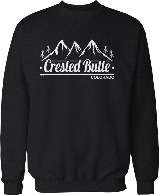 A black sweatshirt with a white graphic design featuring mountains and trees, along with the text "Crested Butte, Colorado".