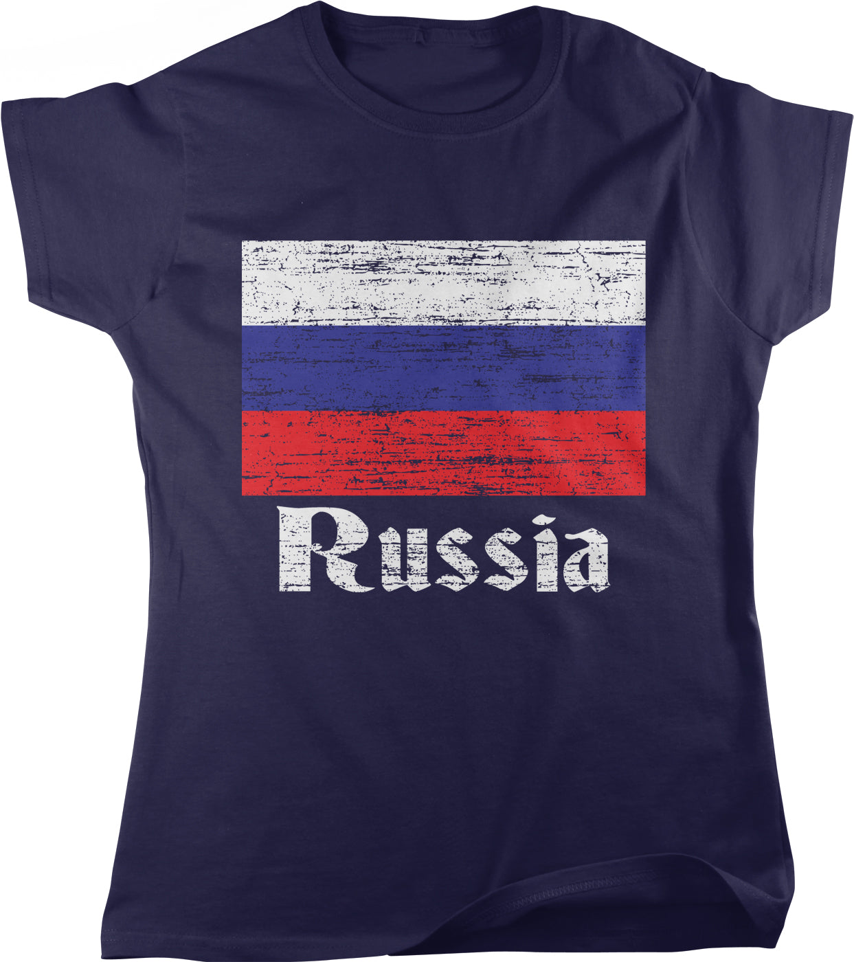 A navy blue t-shirt with a graphic design featuring the Russian flag and the word "Russia" printed on it.