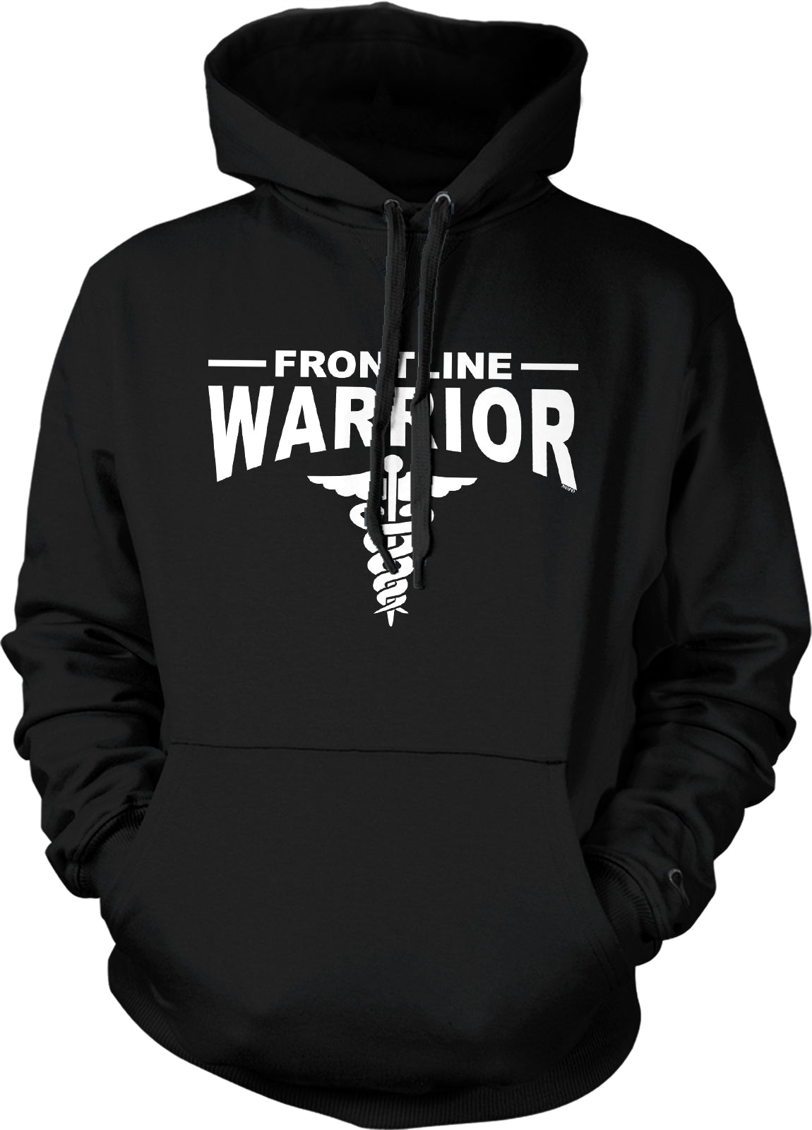 A black hoodie with the text "FRONTIINE WARRIOR" printed on it.