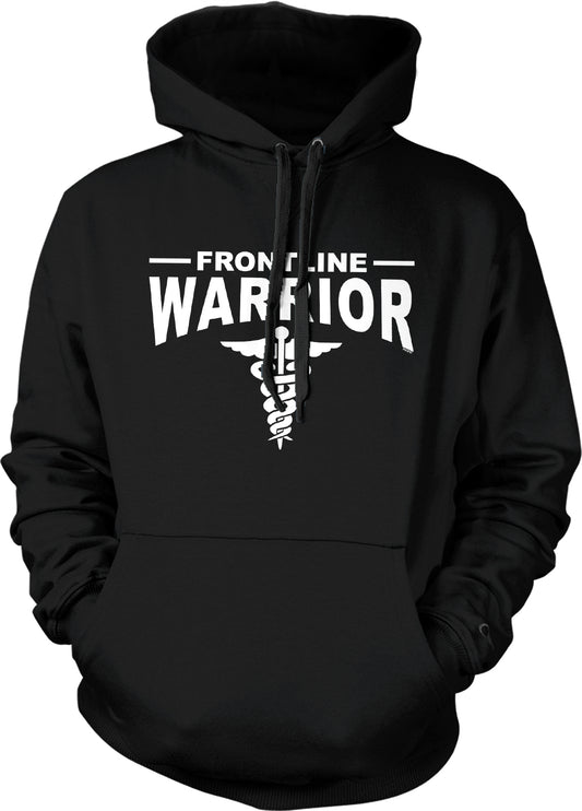 A black hoodie with the text "FRONTIINE WARRIOR" printed on it.