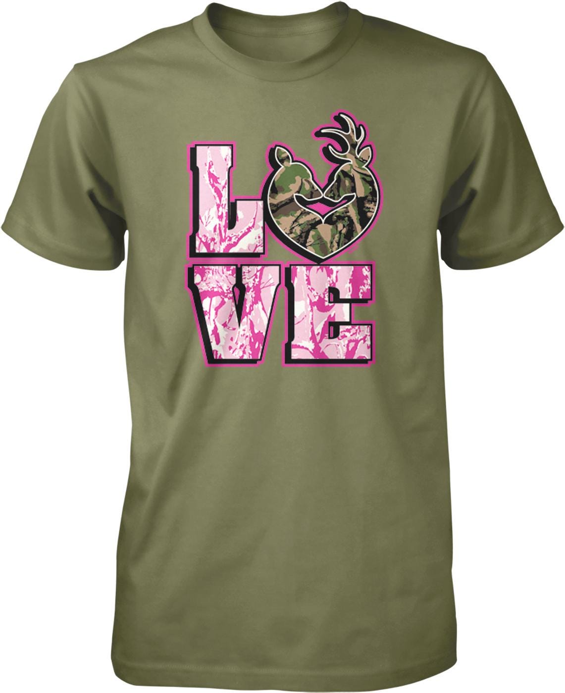 A green t-shirt with a graphic design featuring the word "LOVE" in pink and black letters, with a heart shape and a deer silhouette in the center.