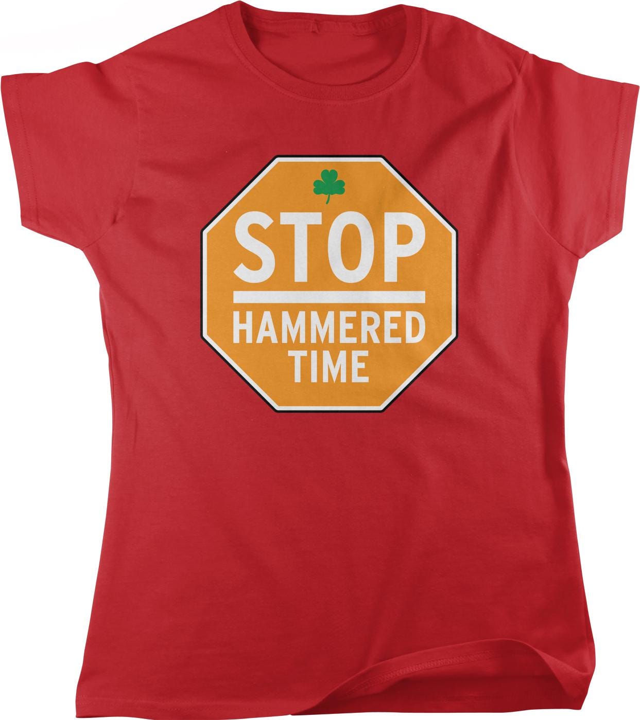 A red t-shirt with a stop sign graphic and the text "STOP HAMMED TIME" printed on it.