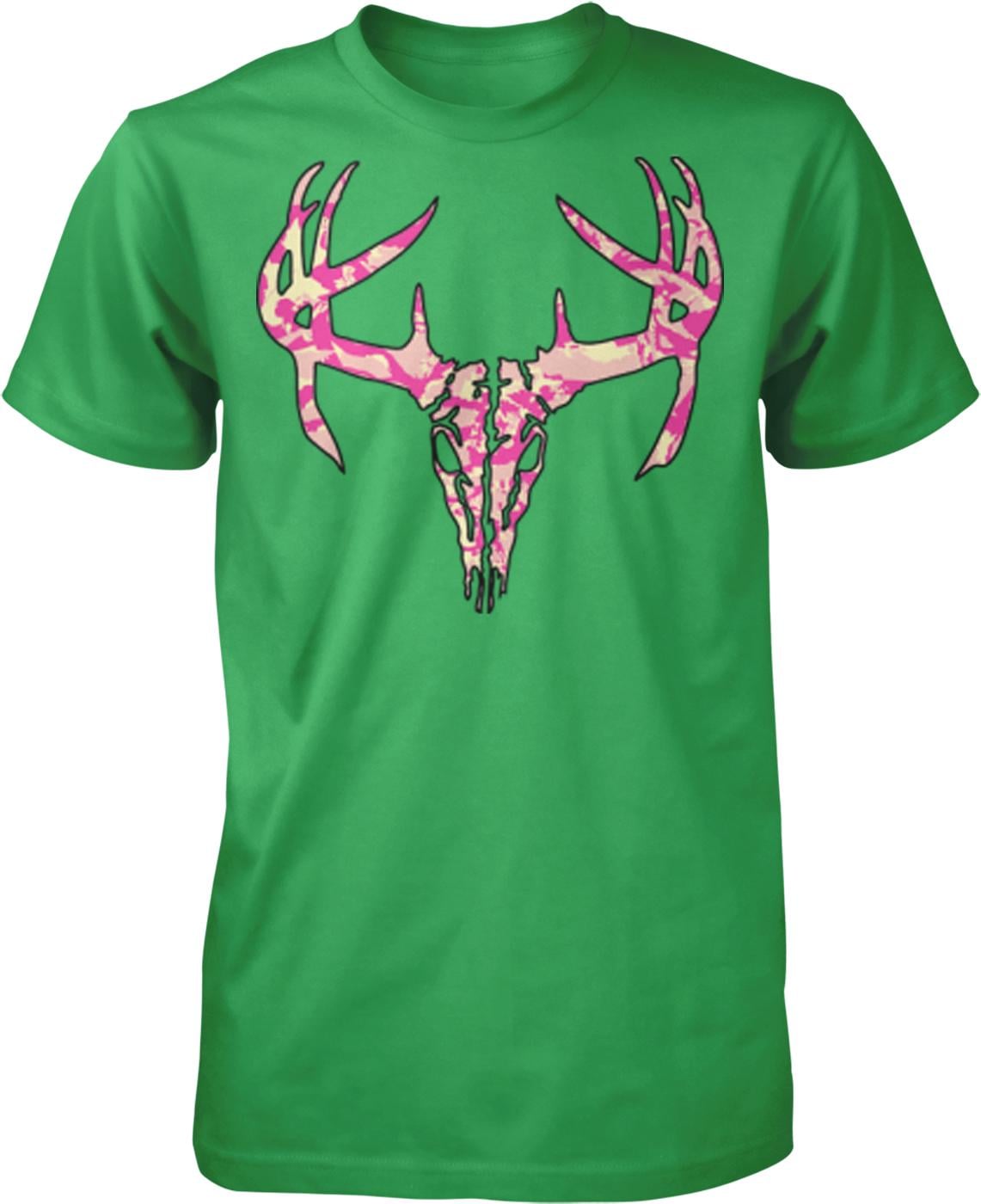 A green t-shirt with a graphic design of a deer skull and antlers.