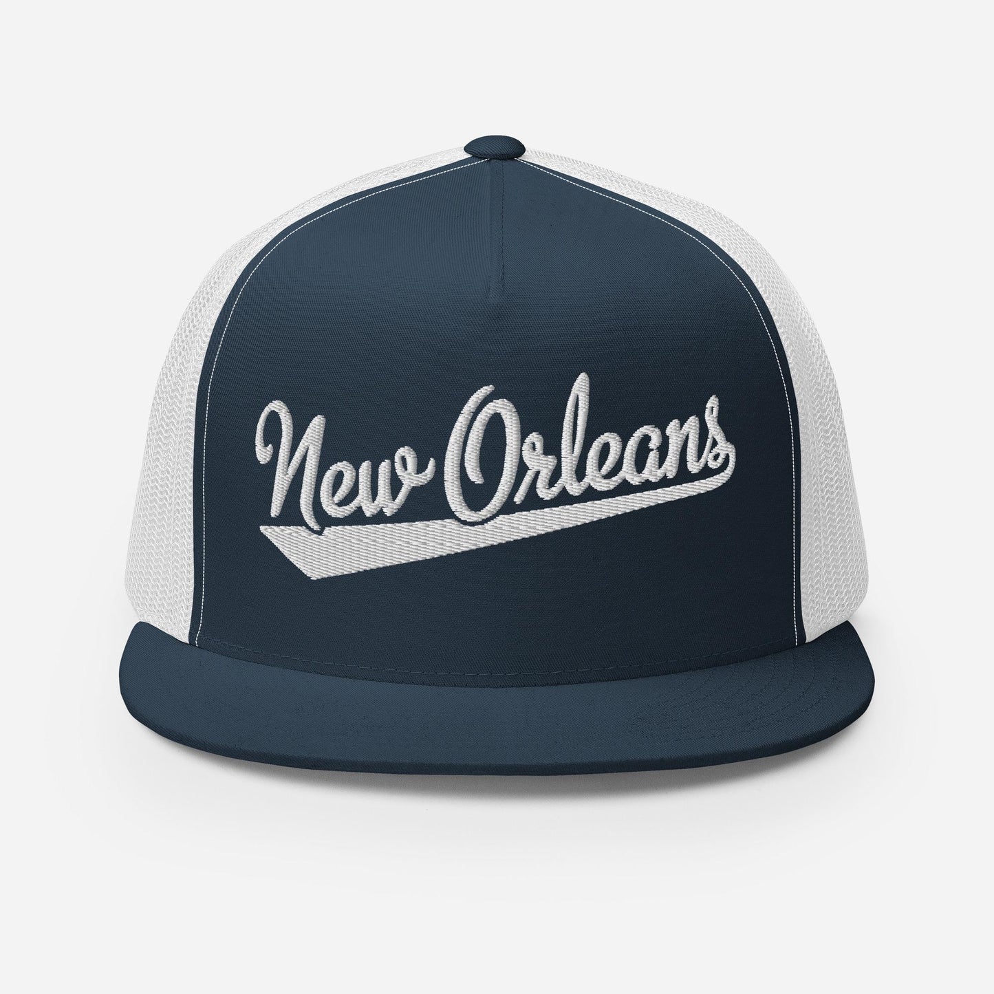A navy blue and white baseball cap with the text "New Orleans" embroidered on it.