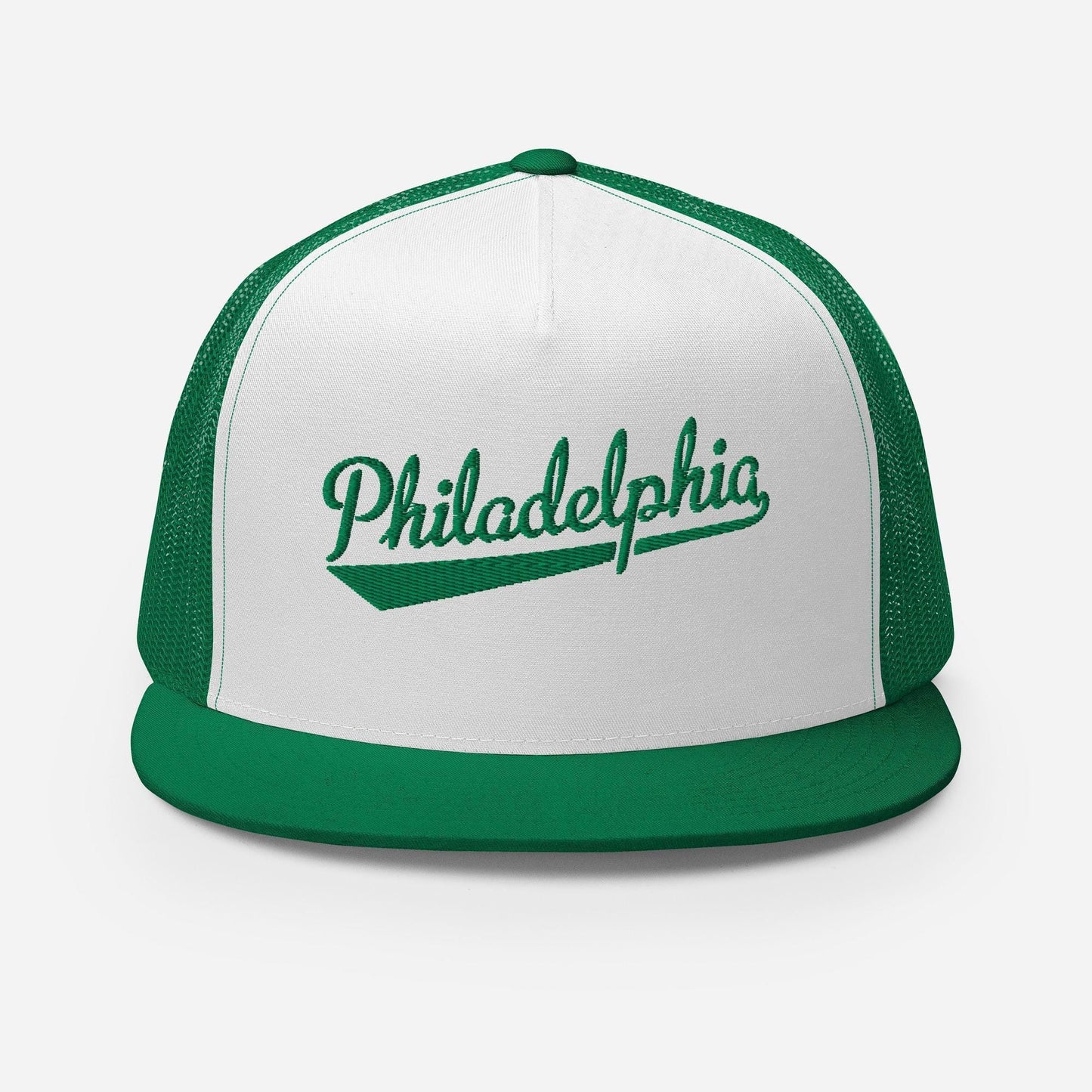 A white and green baseball cap with the word "PhiladELPHIA" printed on it.