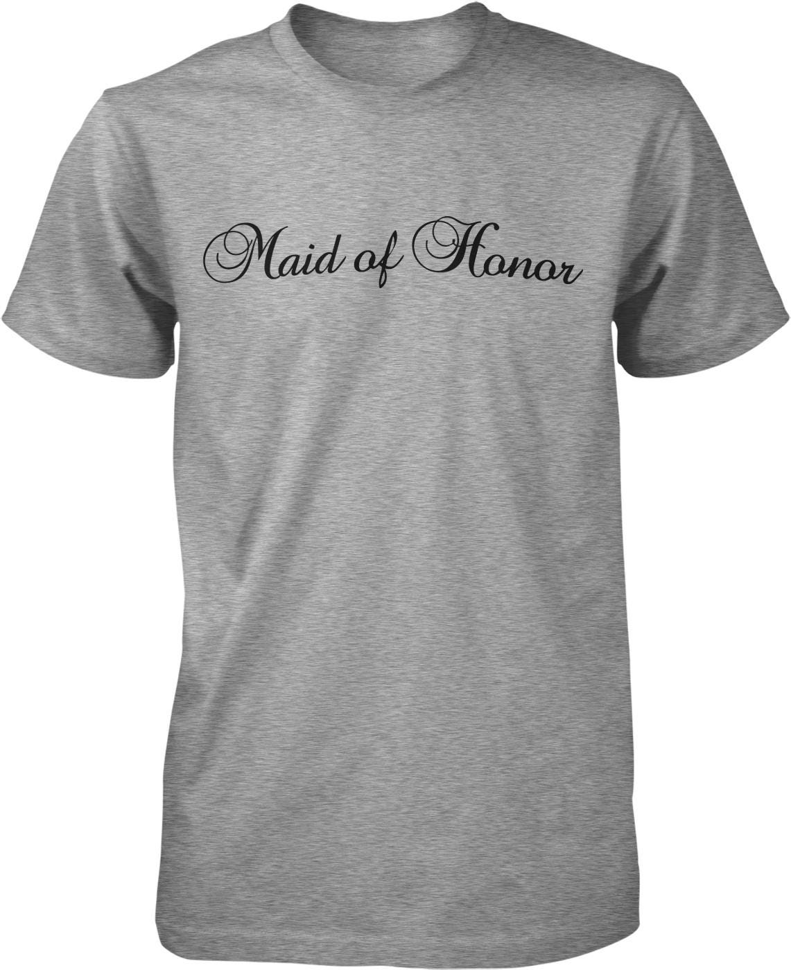 A gray t-shirt with the text "Maid of Honor" printed on it.