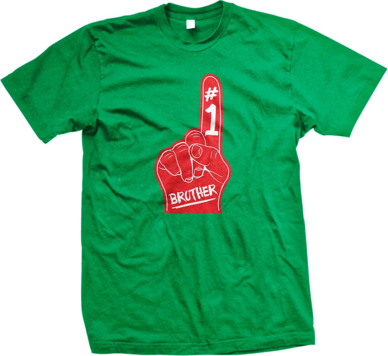 A green t-shirt with a red foam finger graphic and the text "BROTHER" printed on it.
