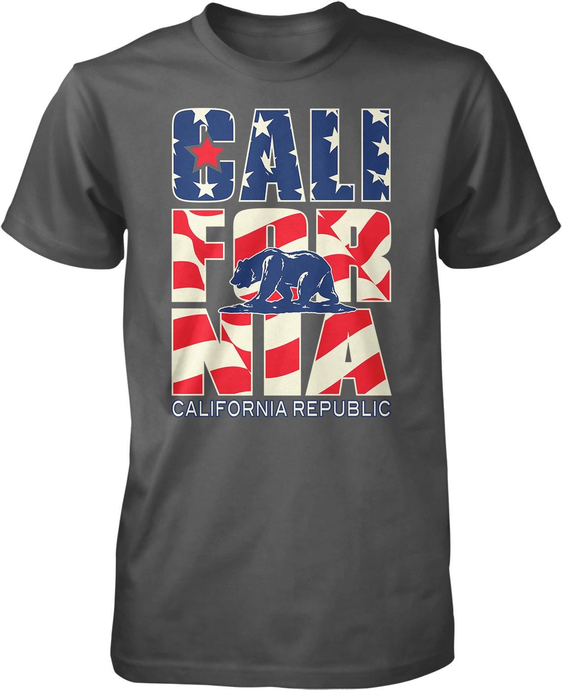 A t-shirt with the text "CALIFORNIA REPUBLIC" and an image of a bear, along with the American flag design.