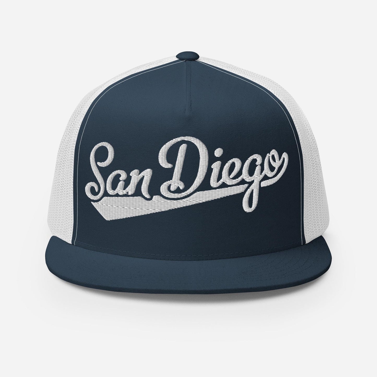 Snapback Trucker Hat - San Diego Script Baseball Five Panel Cap With Breathable Mesh