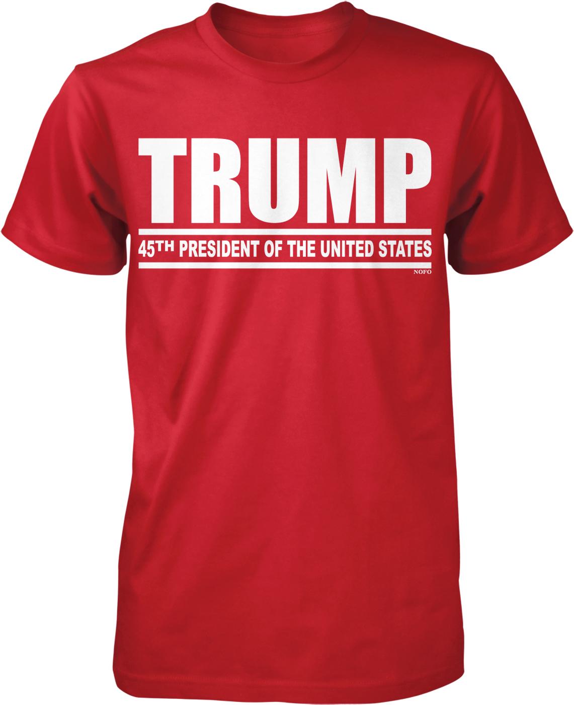 A red t-shirt with the text "TRUMP 45TH PRESIDENT OF THE UNITED STATES" printed on it.
