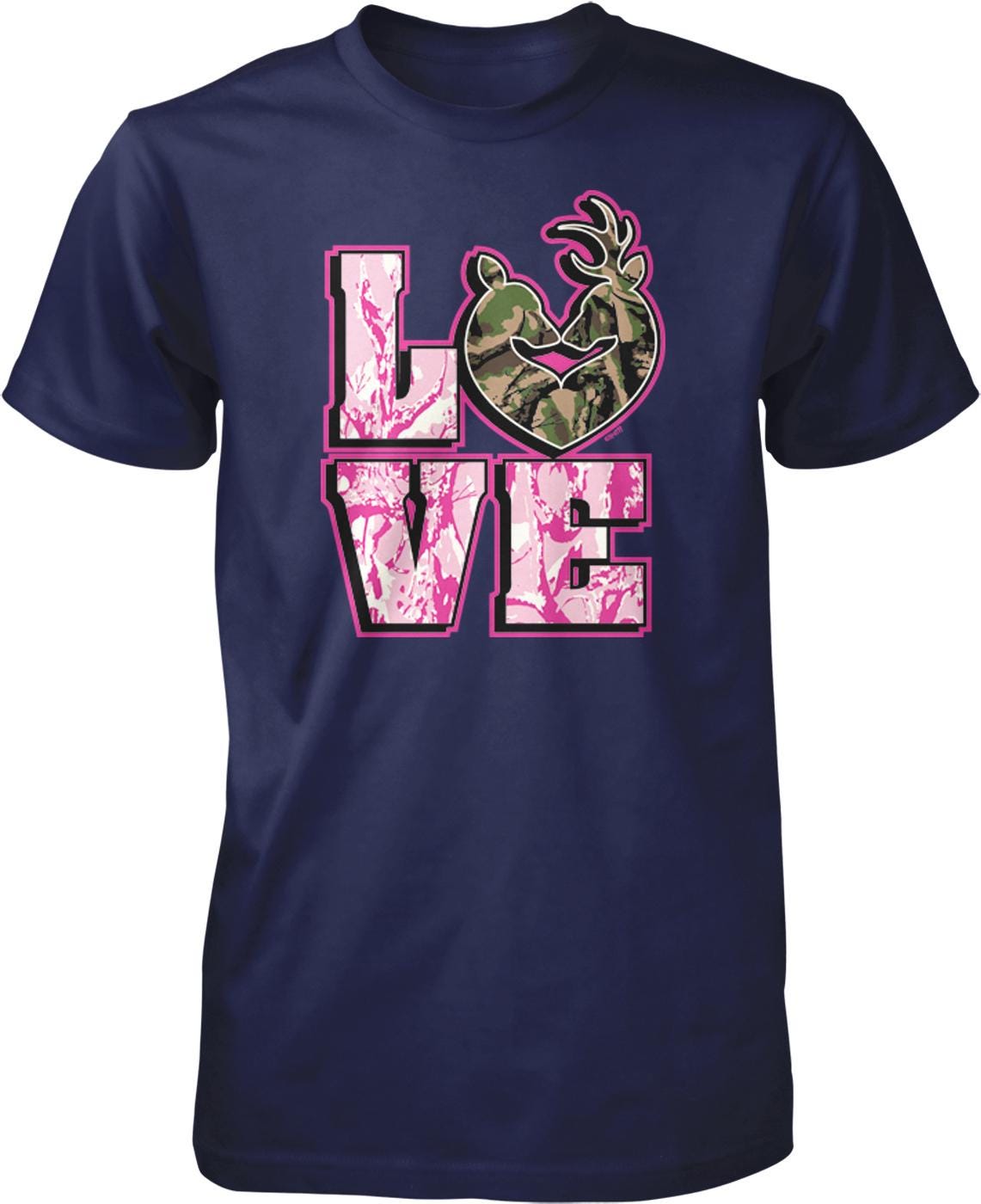 A navy blue t-shirt with a graphic design featuring the word "LOVE" in pink and green colors, along with a camouflage-like shape.