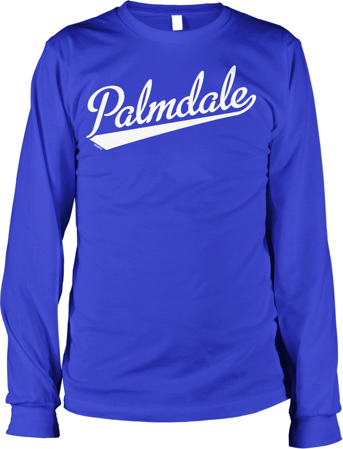 A long-sleeved blue t-shirt with the word "Palmdale" printed in white on it.