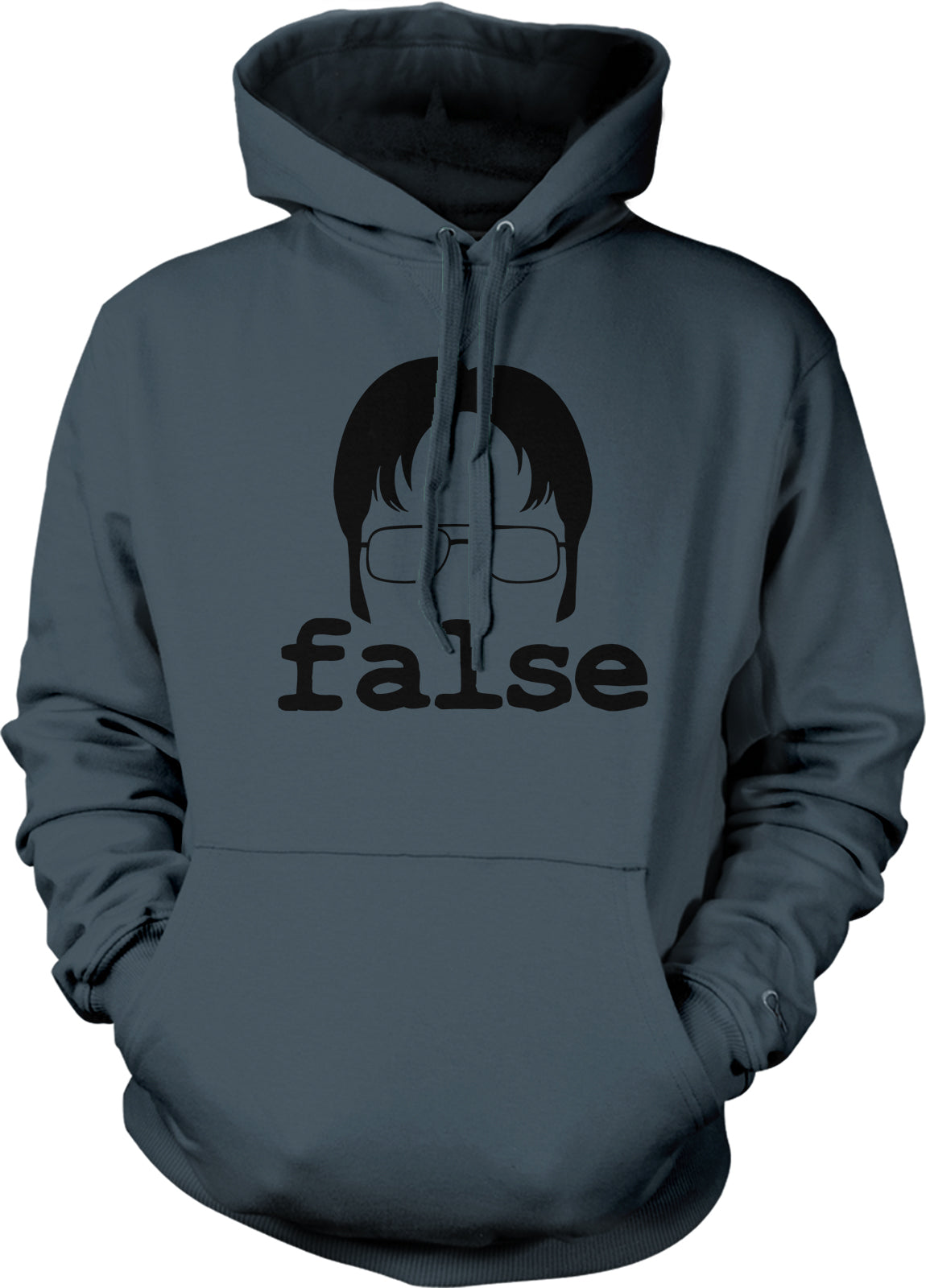 A gray hoodie with a graphic design featuring a stylized face wearing glasses and the word "false" below it.