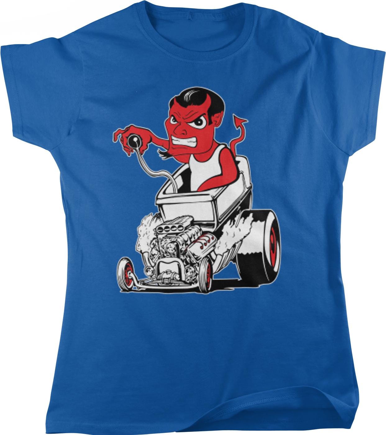 A blue t-shirt with a cartoon image of a red devil-like character sitting in a car with a large engine.