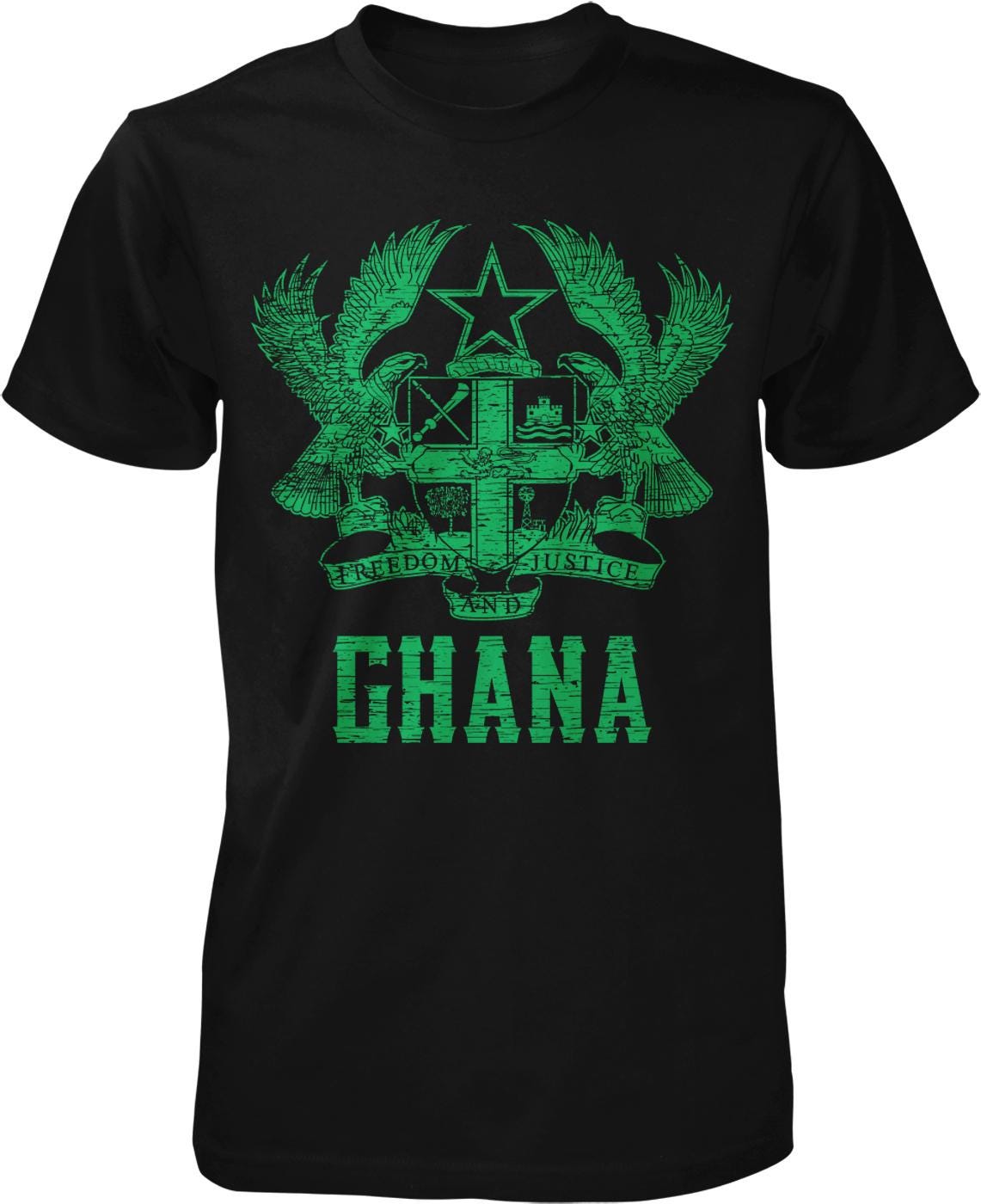 a black t-shirt with a graphic design depicting a coat of arms and the text "Ghana" prominently displayed.