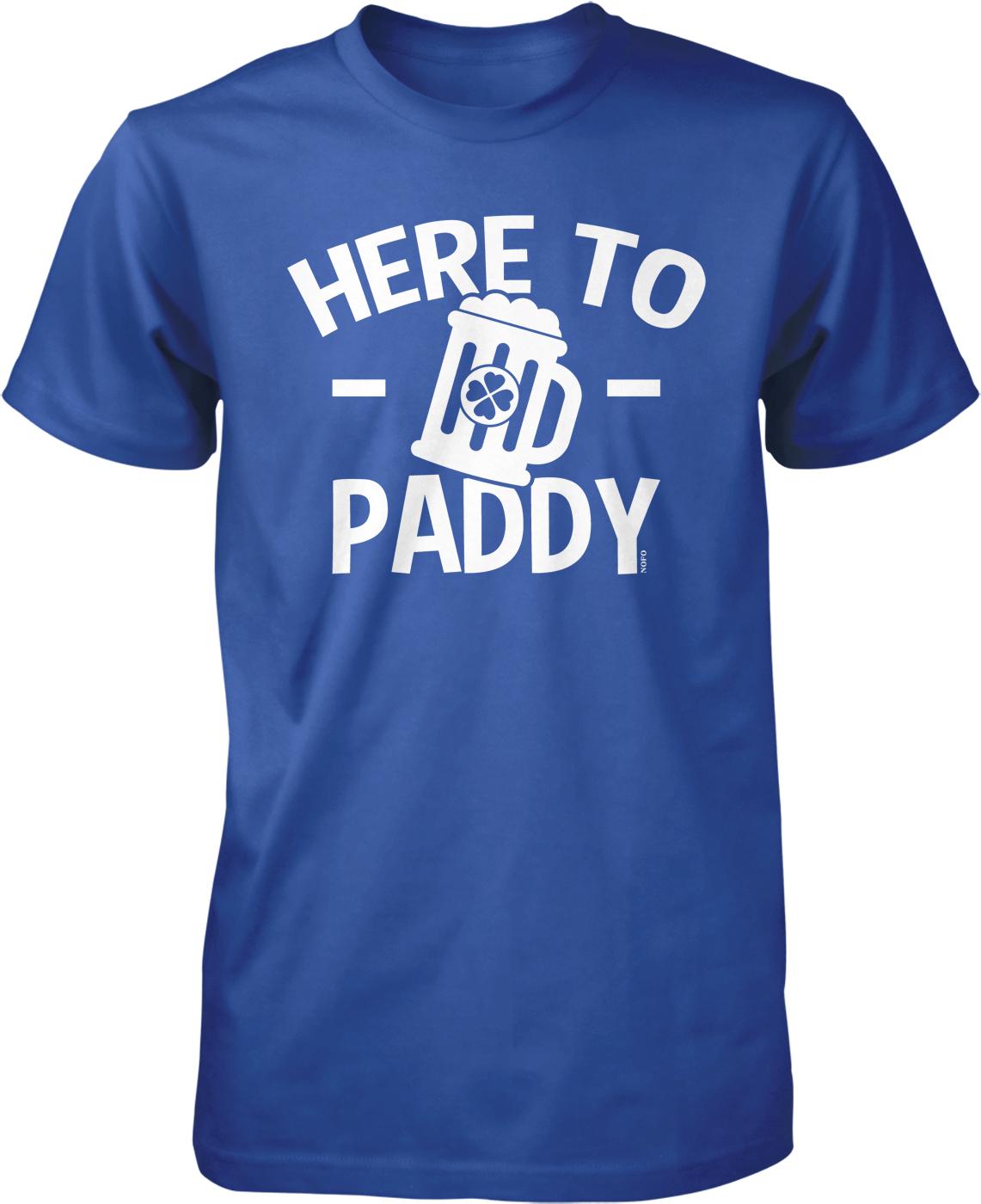 A blue t-shirt with the text "HERE TO PADDY" printed on it.