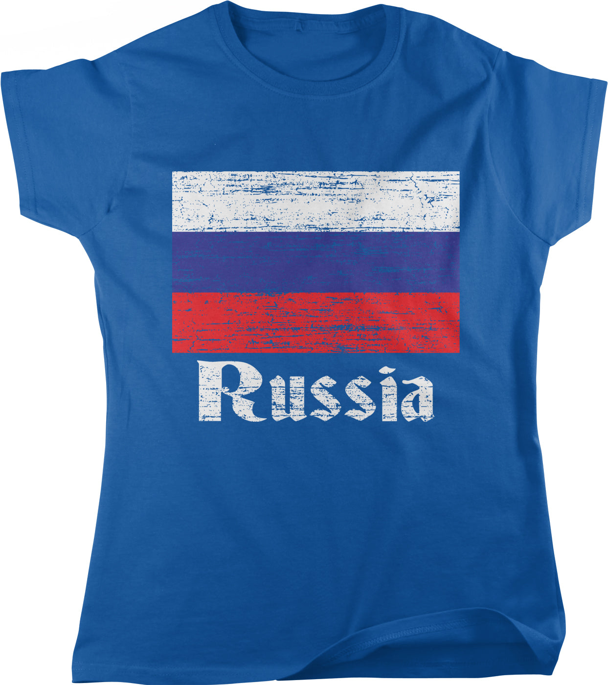A blue t-shirt with a graphic design featuring the word " Russia" in white text, along with a distressed flag pattern.