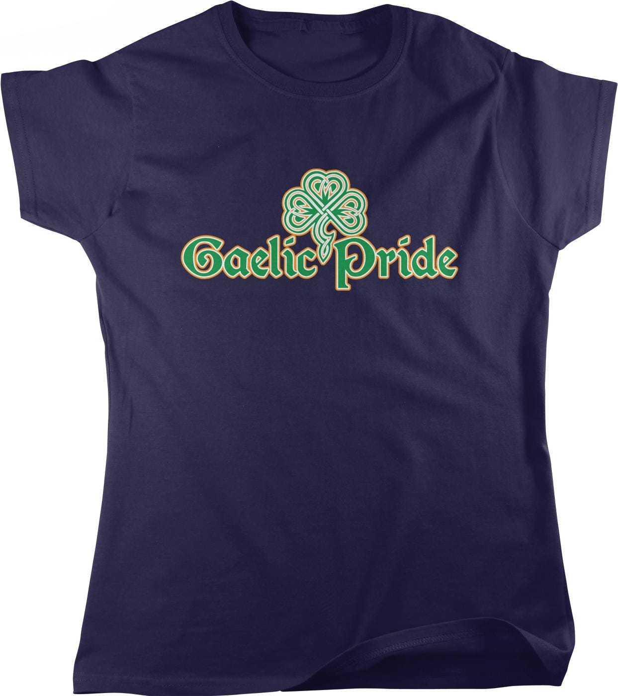 The image is a navy blue t-shirt with a green and yellow logo that says &quot;Gaelic Pride&quot;.