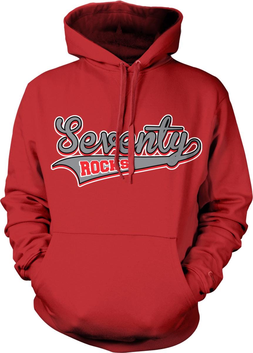 A red hoodie with the text "Seventy" and "Roches" printed on it.